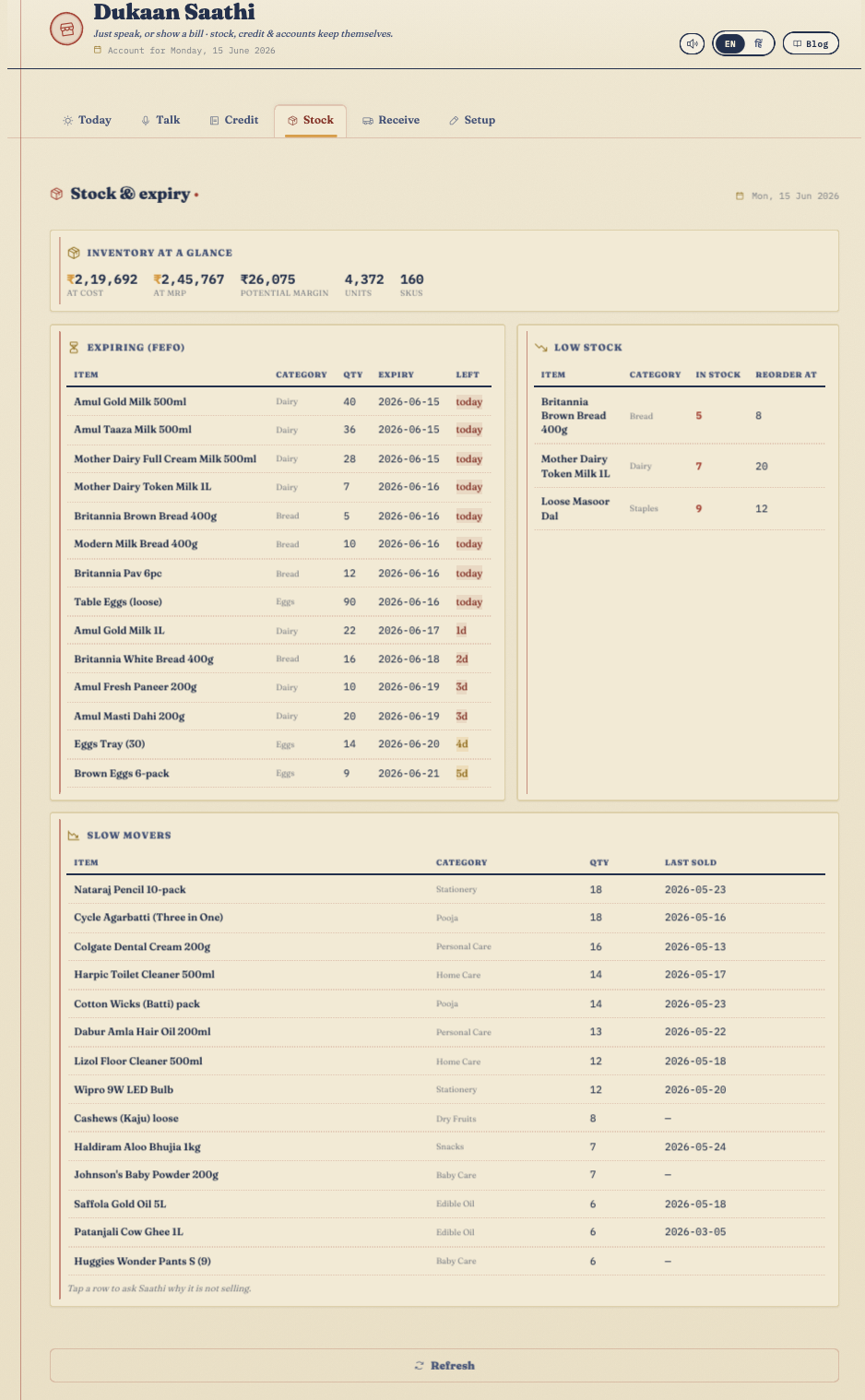 The Stock page with tables for items expiring soon, items low on stock, and items that are not selling.
